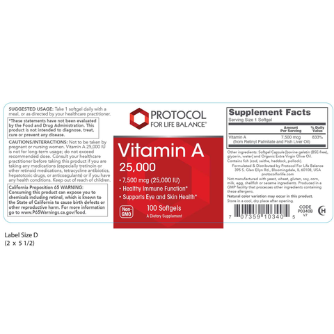 Protocol For Life Balance - Vitamin A 25,000 IU - 100 soft gels