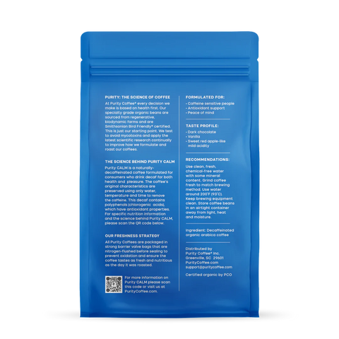 Purity Decaffeinated Whole Bean CALM Coffee 12 oz